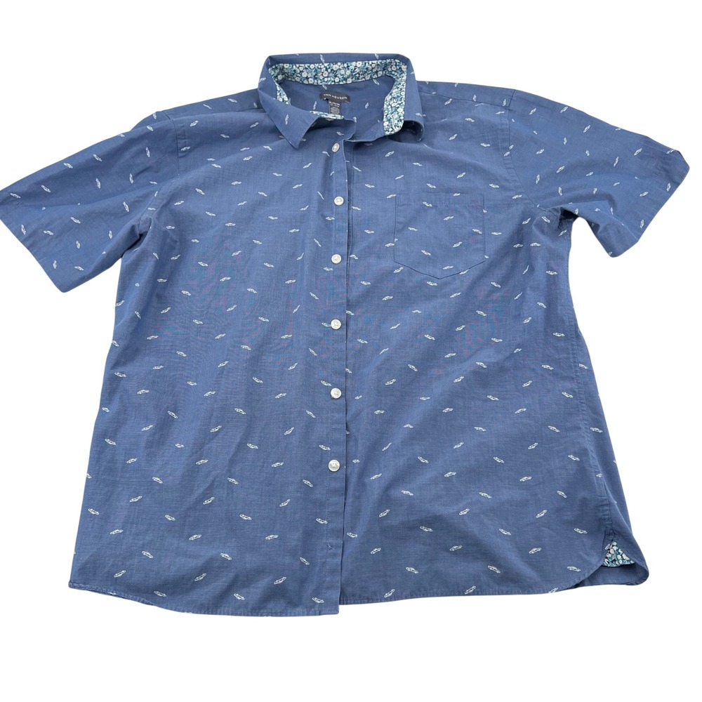 Van Heusen Mens XL Blue Short Sleeve Button Down Shirt Classic Car Print 3872